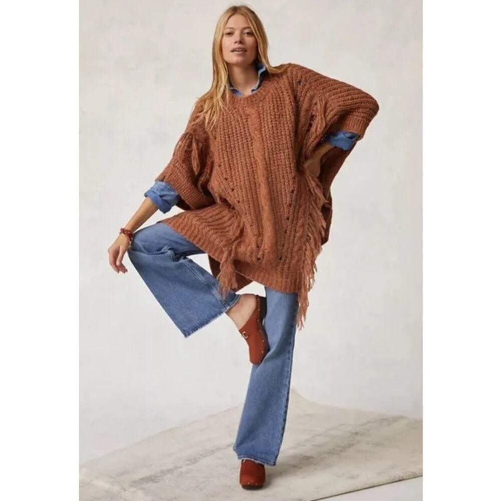 Anthropologie Chunky Fringe Poncho Sweater 70s Boho Marled Knit One Size